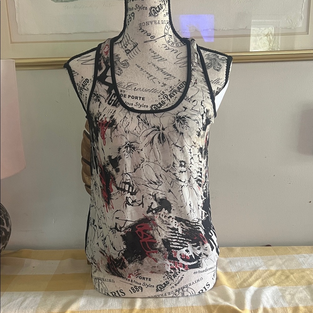 Guess Artistic Black and White Tank Top with Red Highlights
